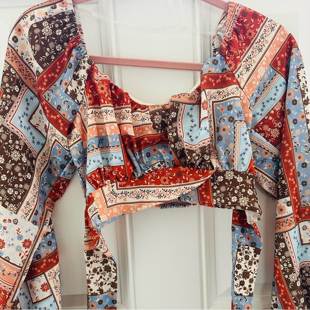 Altar’s State Bohemian Patchwork Crop Top in Red and Blue